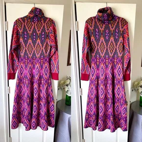 Farm Rio Tapestry Scarf Sweater Maxi Dress Knit Pink Multi Small NWT - Picture 2 of 14